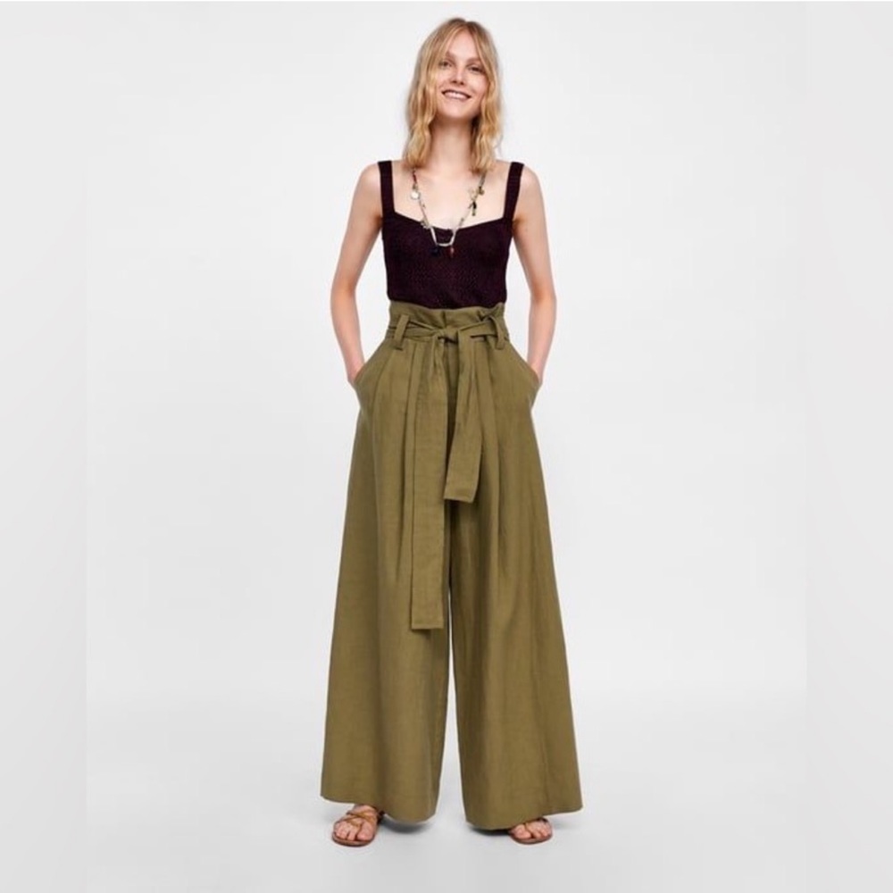 Zara 100% Linen High Waisted Super Wide Leg Trouser Pants S Green